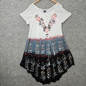 Highness Tunic Dress Womens OS White Blue Floral Lace Up Boho Eyelet Rayon SPOTS